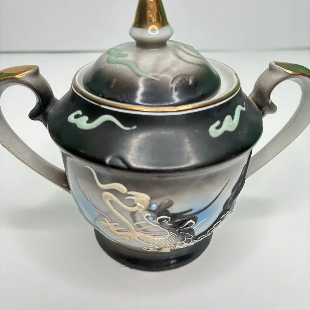 Dragonware Japan Moriage Lithophane Black Gray Blue Tea Pot Creamer Sugar Set